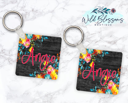 Bright Floral Dark Wood Personalized Round or Square Keychain