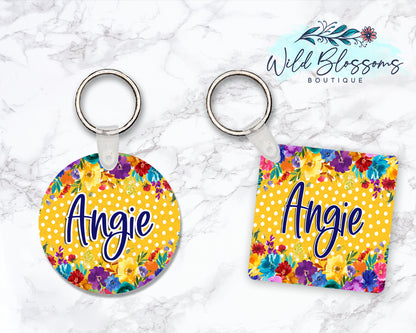 Bright Floral Mustard Personalized Round or Square Keychain