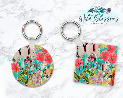 Bright Floral Scrapbook Personalized Round or Square Keychain