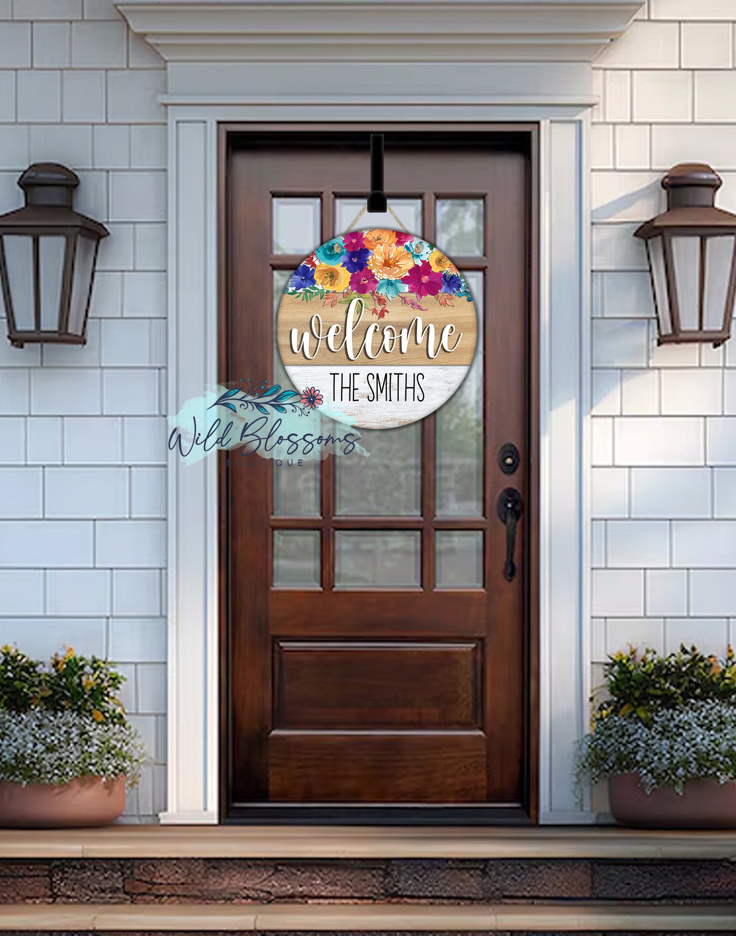 Bright Floral Wooden Welcome Personalized Round Door Hanger