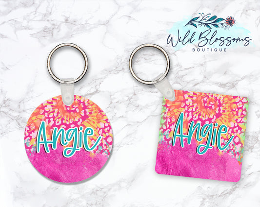 Bright Leopard Print Tie Dye Personalized Round or Square Keychain