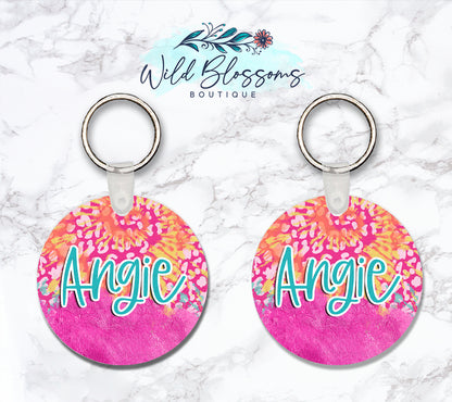 Bright Leopard Print Tie Dye Personalized Round or Square Keychain