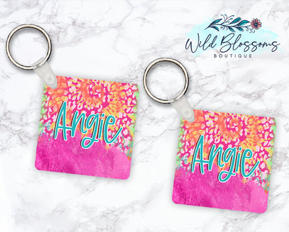 Bright Leopard Print Tie Dye Personalized Round or Square Keychain
