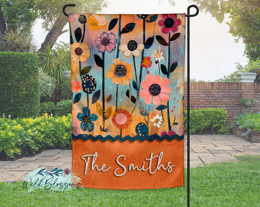Bright Painted Floral Personalized Garden Flag