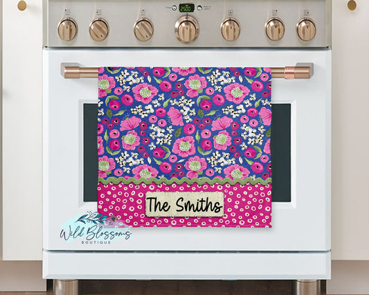 Bright Pink and Green Floral Personalized Kitchen Towel