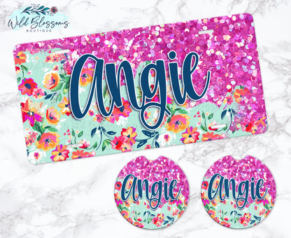 Bright Pink Floral Glitter Look Personalized Car Coasters