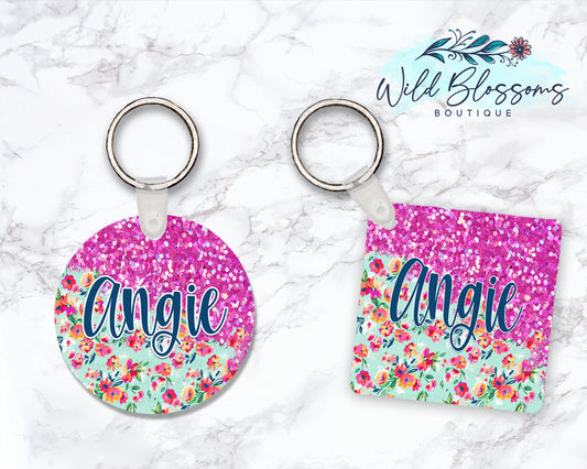 Bright Pink Floral Glitter Look Personalized Round or Square Keychain