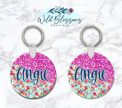 Bright Pink Floral Glitter Look Personalized Round or Square Keychain