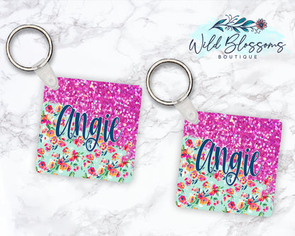 Bright Pink Floral Glitter Look Personalized Round or Square Keychain