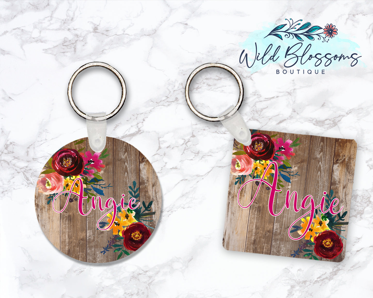 Brown Wooden Floral Personalized Round or Square Keychain