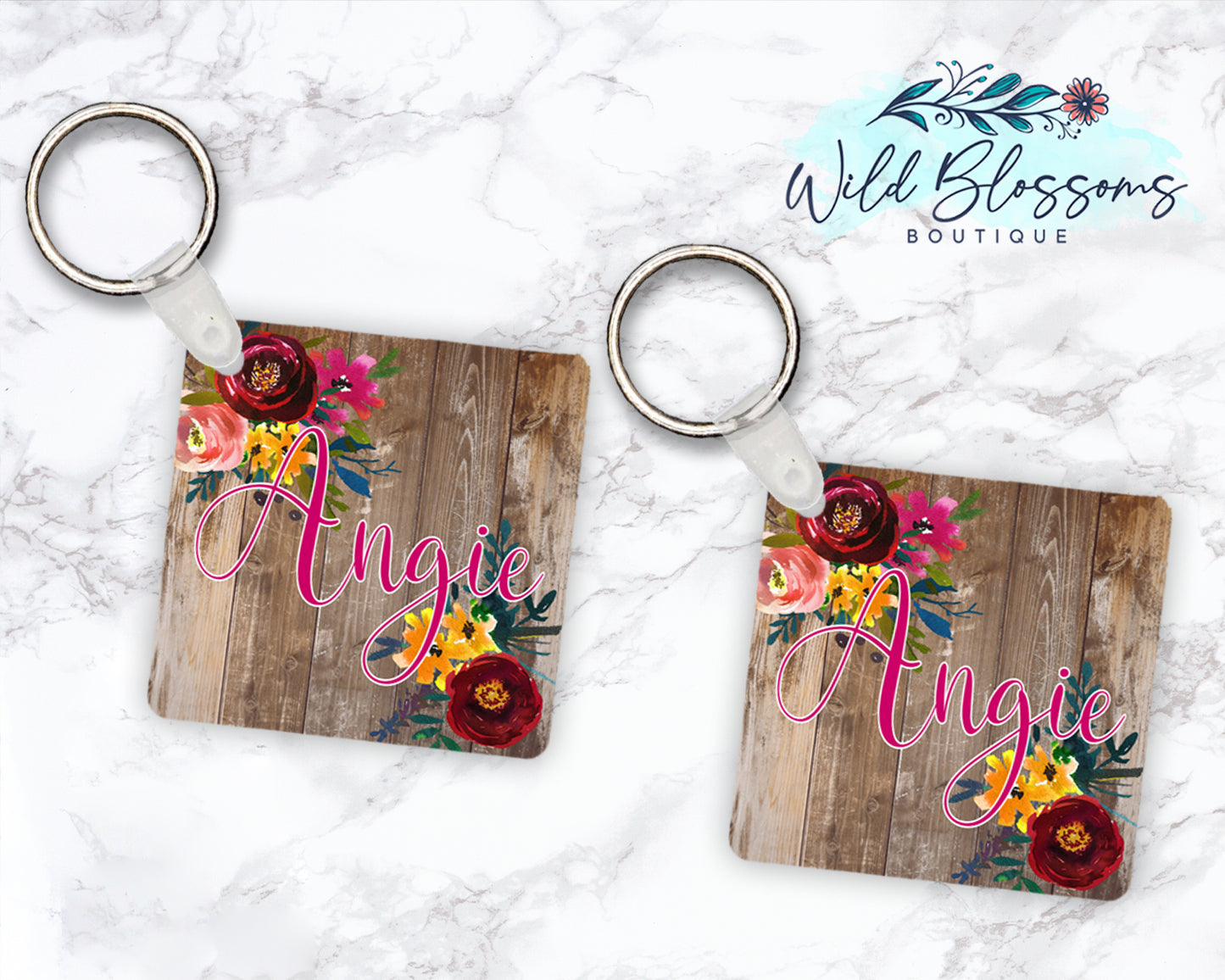 Brown Wooden Floral Personalized Round or Square Keychain