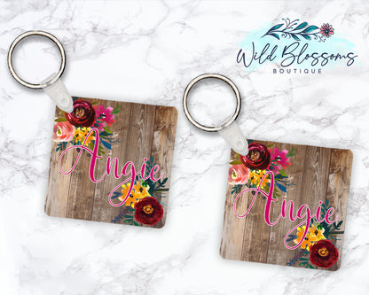Brown Wooden Floral Personalized Round or Square Keychain