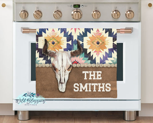 Bull Skull Southwestern Boho Personalized Kitchen Towel
