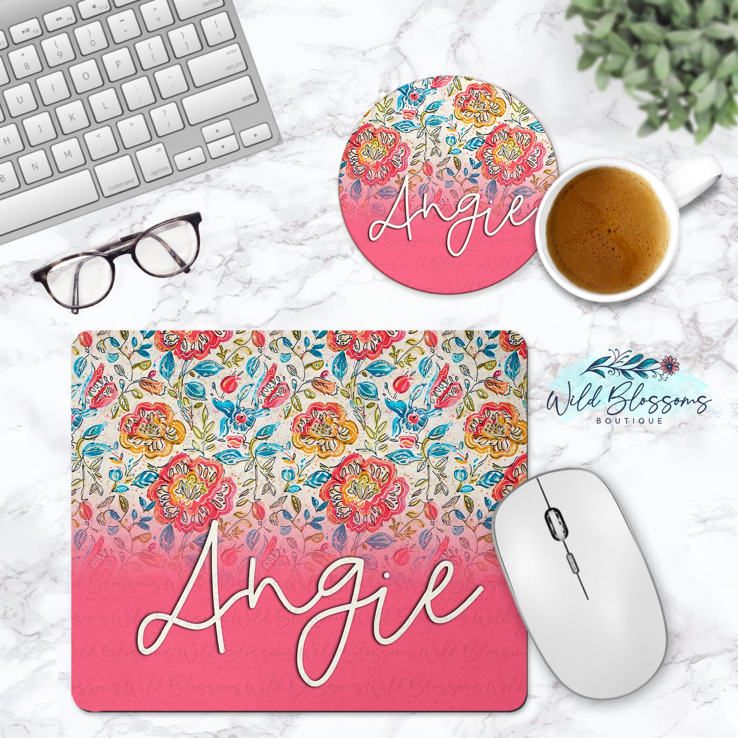 Colorful Wildflower Personalized Mouse Pad And Coaster Desk Set - 5 Designs To Choose From