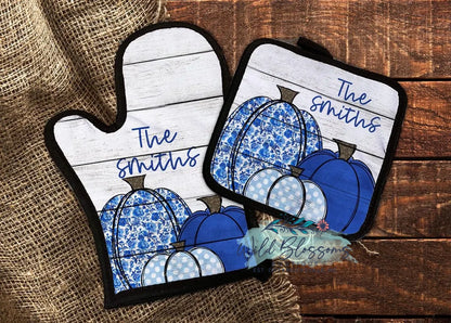 Blue Fall Pumpkin Trio Personalized Pot Holder And Oven Mitt