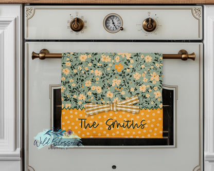 Blue and Yellow Floral Polka Dot Personalized Kitchen Towel