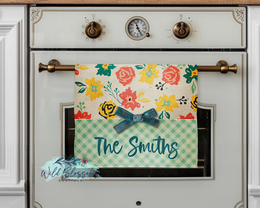 Boho Floral Gingham Personalized Kitchen Towel