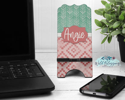 Boho Western Mint and Pink Personalized Phone Stand