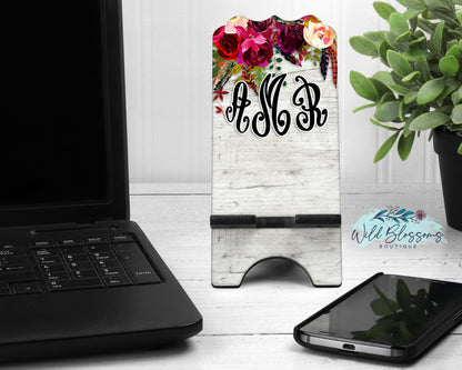 Boho Wooden Burgundy Floral Drop Personalized Phone Stand