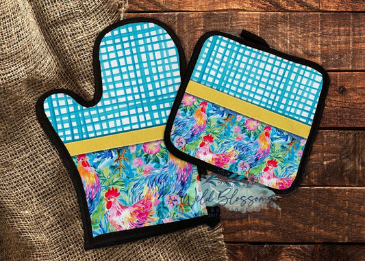 Bright Floral Chicken Pot Holder And Oven Mitt