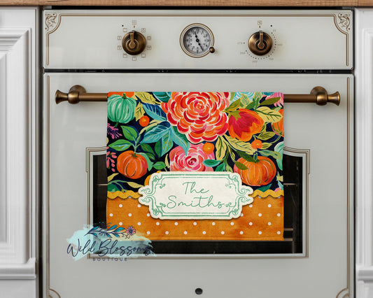 Bright Floral Pumpkin Fall Personalized Kitchen Towel