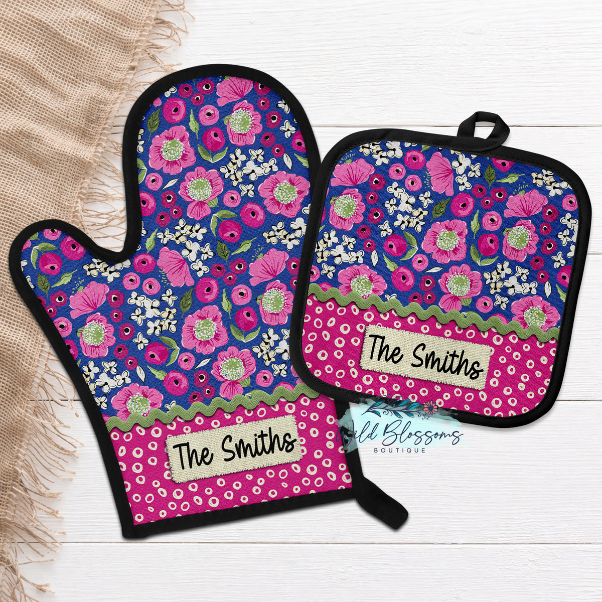 Bright Pink & Blue Floral Personalized Oven Mitt & Pot Holder Set