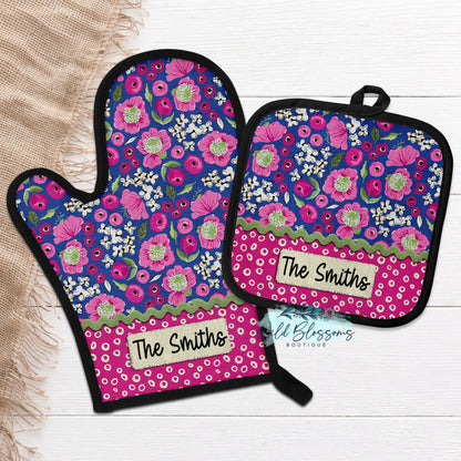 Bright Pink & Blue Floral Personalized Oven Mitt & Pot Holder Set