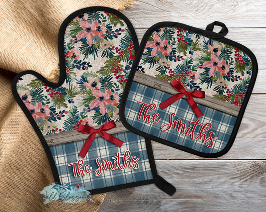 Rustic Christmas Pine Floral Personalized Pot Holder And Oven Mitt