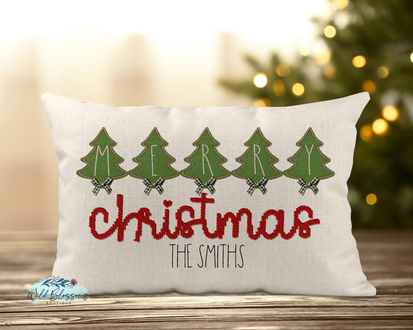 Christmas Tree Merry Christmas Stitched Personalized Lumbar Pillow