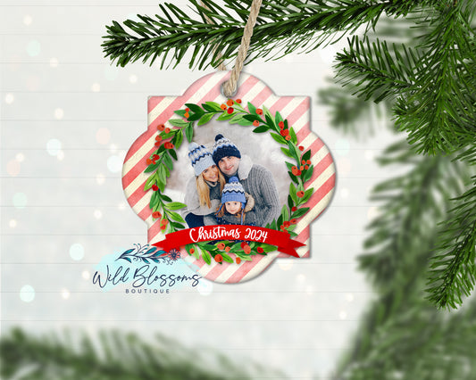 Christmas Wreath Personalized Quatrefoil Photo Ornament
