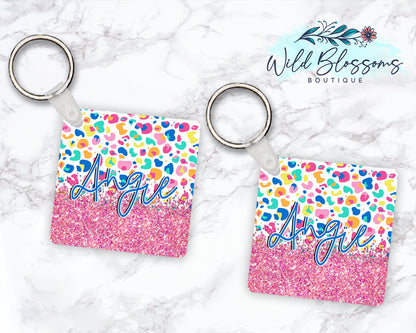 Colorful Leopard Print Personalized Round or Square Keychain