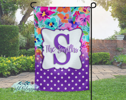 Colorful Pansy and Floral Polka Dot Personalized Garden Flag