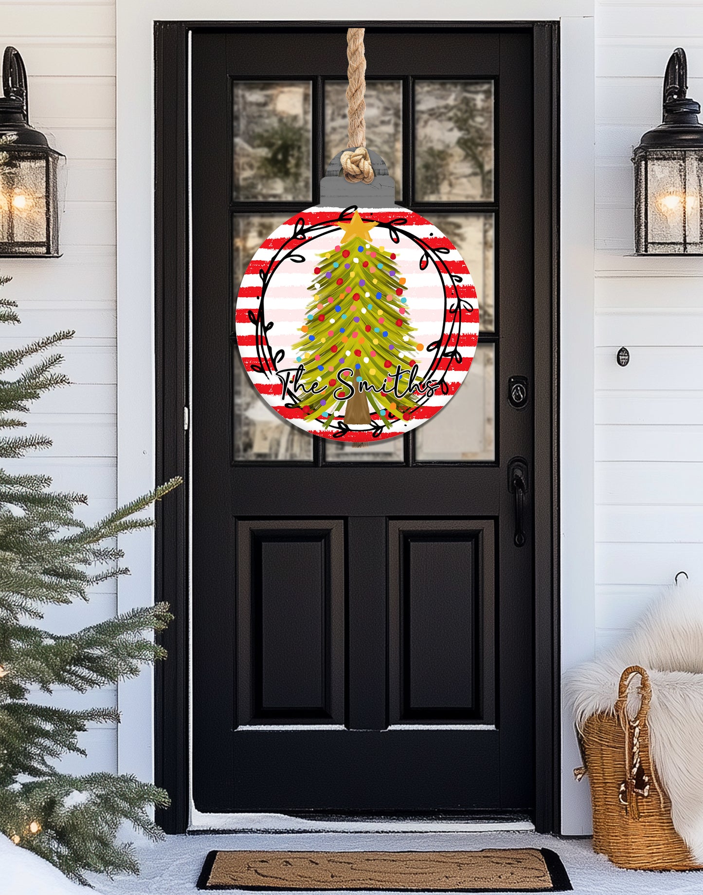 Colorful Striped Christmas Tree Personalized Ball Ornament Door Hanger