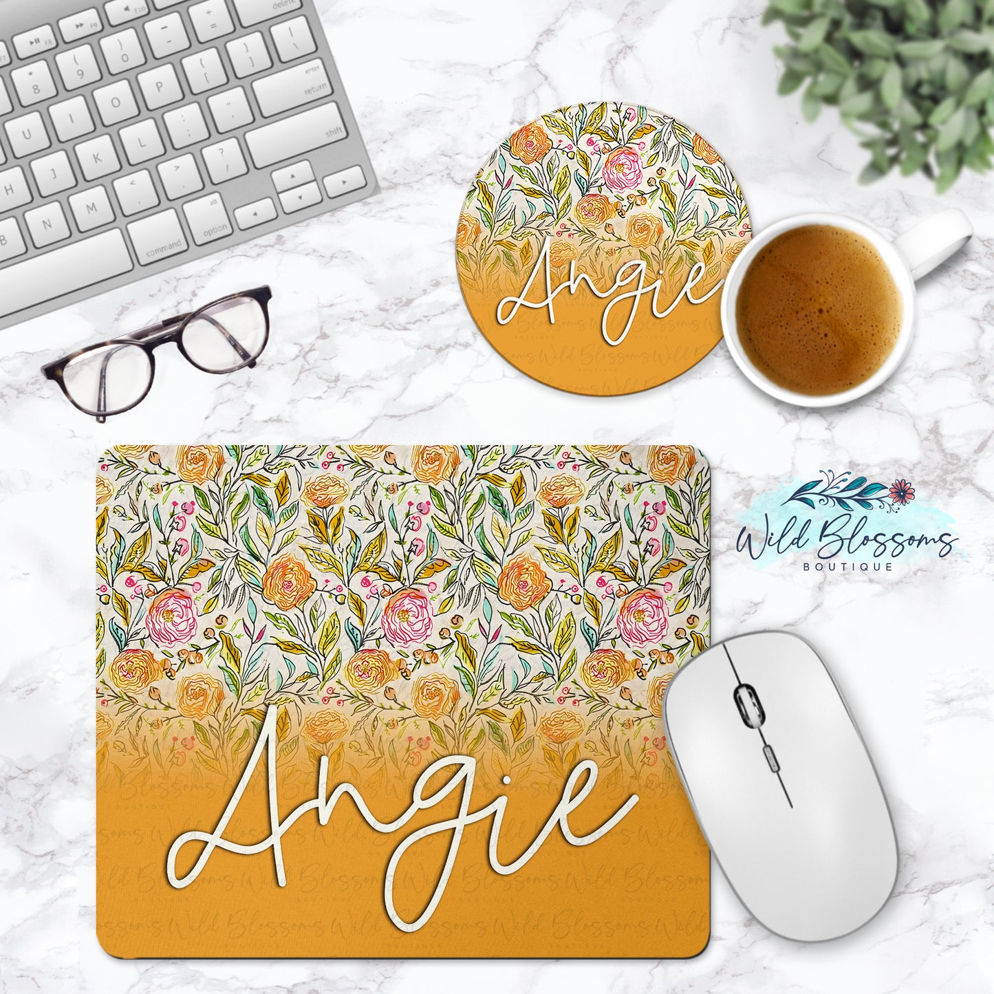 Colorful Wildflower Personalized Mouse Pad And Coaster Desk Set - 5 Designs To Choose From