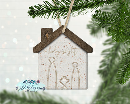 Ceramic Look Nativity House Shaped Ornament