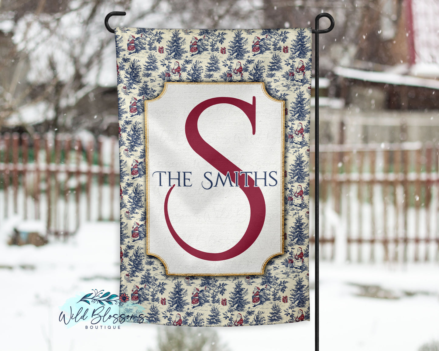 Navy Toile Christmas Personalized Garden Flag