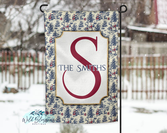 Navy Toile Christmas Personalized Garden Flag
