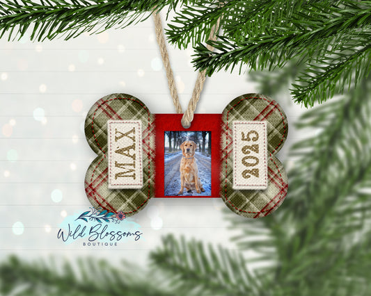 Christmas Plaid Dog Bone Personalized Photo Ornament