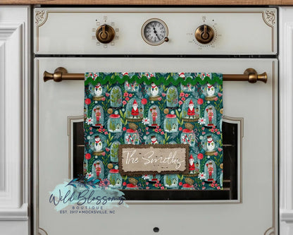 Christmas Floral Whimsy Nutcracker Snowman and Santa Personalized Kitchen Towel
