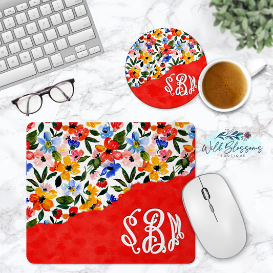 Coral Bloom Personalized Mouse Pad & Coaster Desk Set