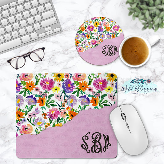 Cottage Bloom Personalized Mouse Pad & Coaster Desk Set