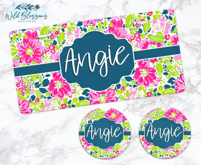 Dark Blue Pink And Green Floral Personalized Car Coasters