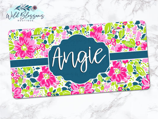 Dark Blue Pink And Green Floral Personalized License Plate