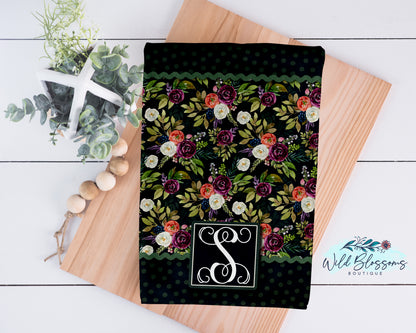 Dark Floral Polka Dot Monogram Personalized Kitchen Towel