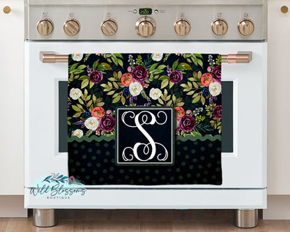 Dark Floral Polka Dot Monogram Personalized Kitchen Towel