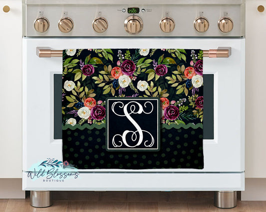Dark Floral Polka Dot Monogram Personalized Kitchen Towel