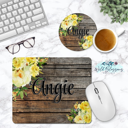 Dark Wooden Yellow Rose Floral Personalized Phone Stand