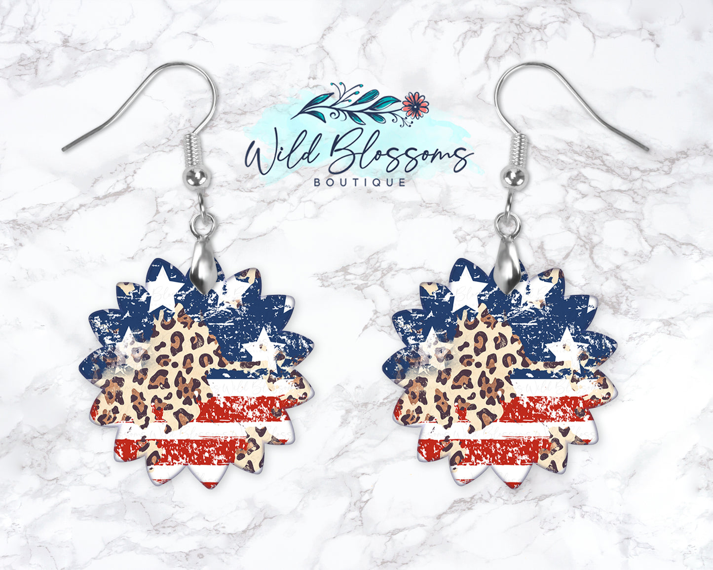 Distressed Leopard Print Patriotic Sunflower Drop Earrings