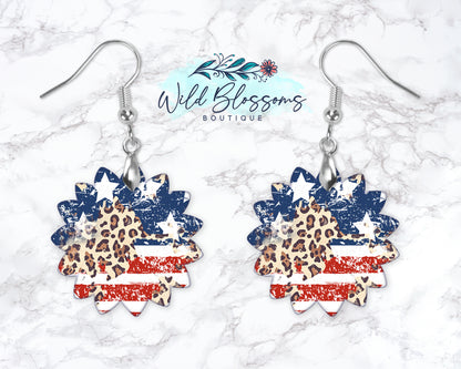 Distressed Leopard Print Patriotic Sunflower Drop Earrings
