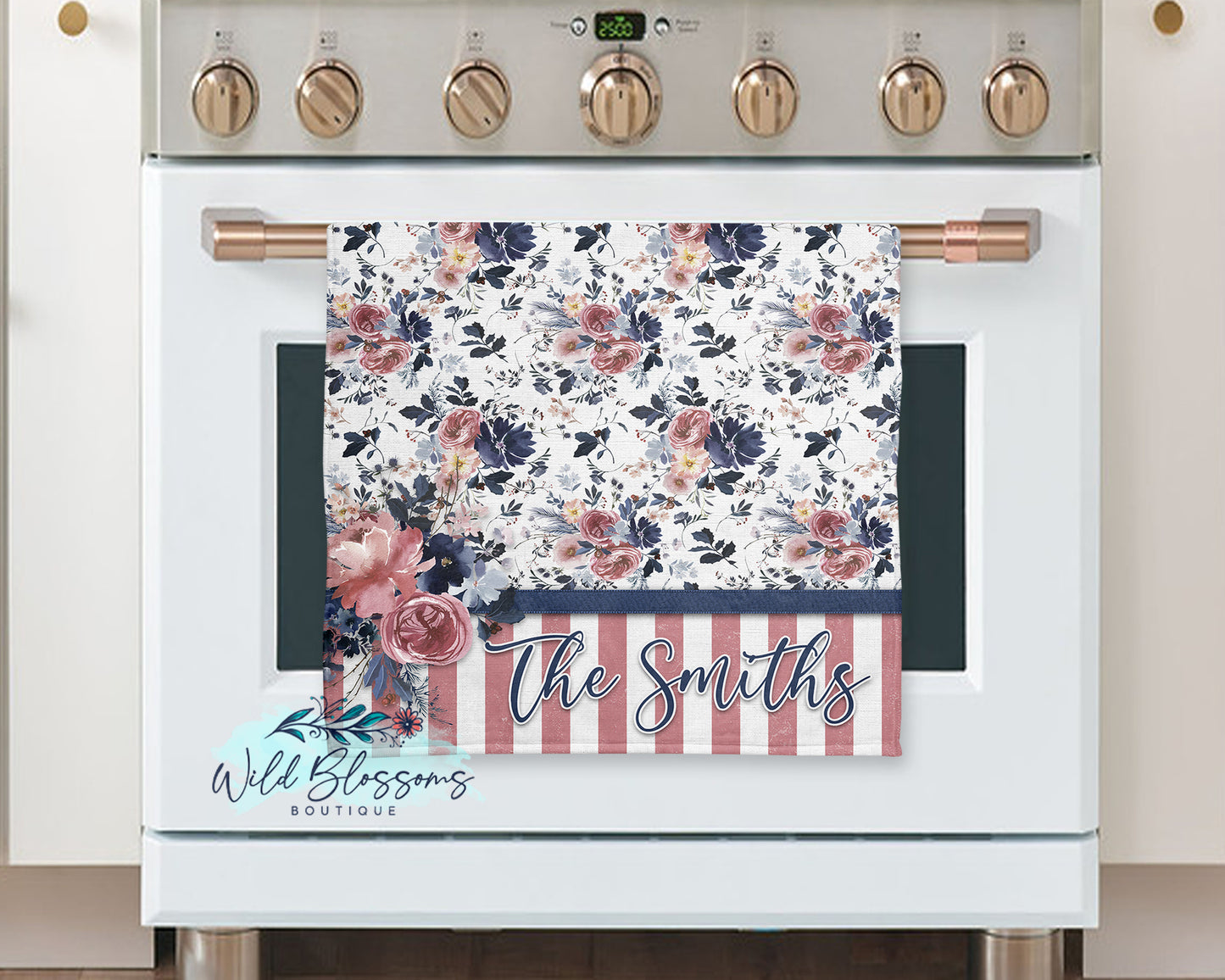 Navy and Rose Floral Kitchen Towel that can be personalized with custom text.